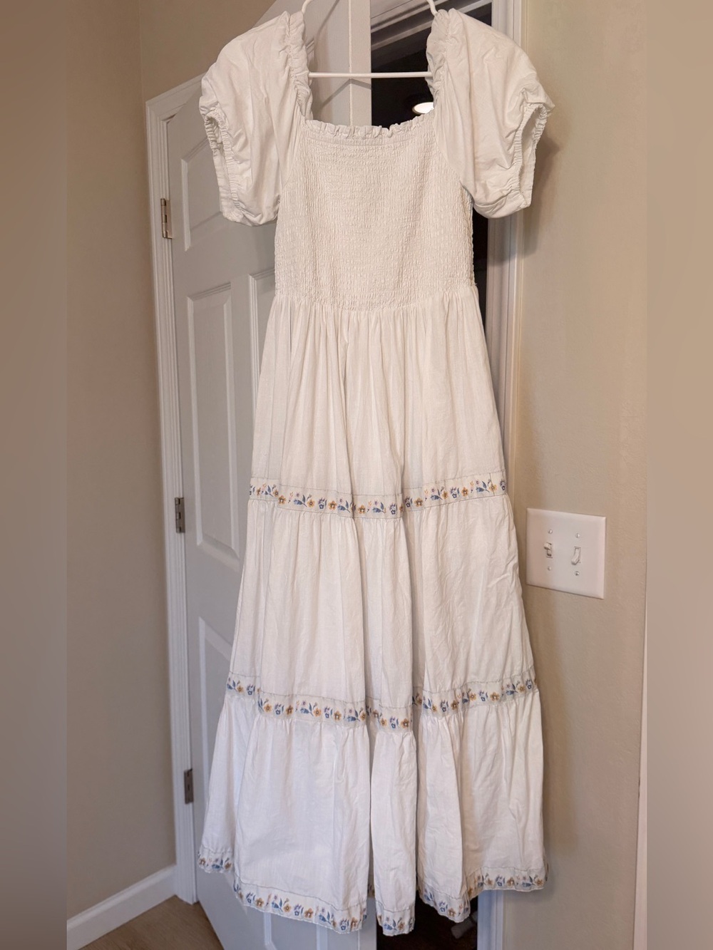Rachel Zoe White Smocked Puff-Sleeve Maxi Dress with Blue & Yellow Floral Trim